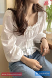 Long Sleeve Square Collar Ruffled Blouse Shirt