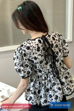 Short Sleeve Flowers Pattern O-Neck Ruffle Shirt