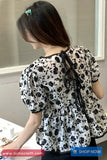 Short Sleeve Flowers Pattern O-Neck Ruffle Shirt