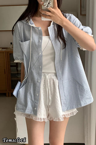 Puff Sleeve Hooded Lace Patchwork Plaid Blouse Shirts