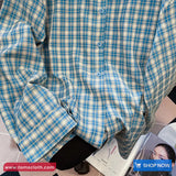 Long Sleeve Retro Blue Plaid Blouse Shirt