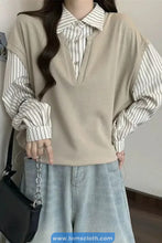 Long Sleeve Two Piece Style Striped Turn Down Collar Sweatshirt
