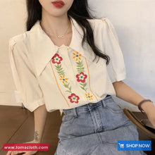 Flower Embroidered Lapel Collar Vintage Blouse Shirt