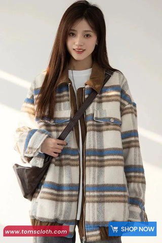 Long Sleeve Retro Woolen Plaid Zipper Collar Jacket