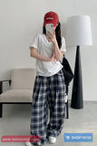 Loose Wide Leg Retro Blue Plaid Pattern Pants