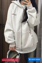 Cute Retro Pattern Embroidered Zipper Hooded Sweater