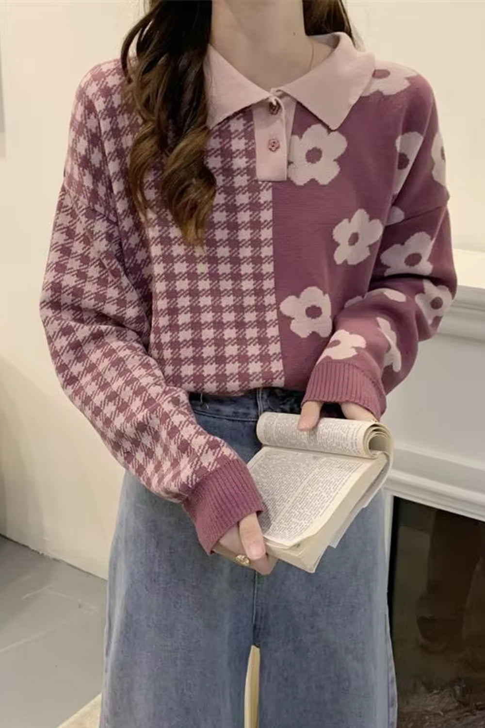 Long Sleeve Plaid With Daisy Pattern Collar Sweatshirt