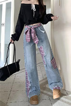 High Waist Bow Plaid Splicing Jeans Pants