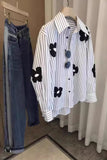 Long Sleeve Striped Combine Floral Casual Blouse Shirt