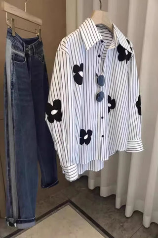 Long Sleeve Striped Combine Floral Casual Blouse Shirt