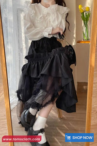 High Waist Asymmetrical Mesh Patchwork Ruffle Maxi Skirts