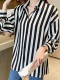 Long Sleeve Retro Black White Striped Office Blouse Shirt