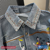 Short Sleeve Beach Pattern Denim Blouse Shirt