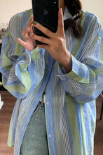 Long Sleeve Green Blue Striped Blouse Shirt