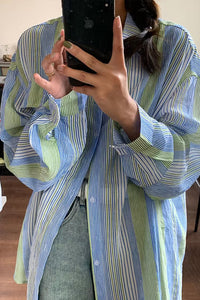 Long Sleeve Green Blue Striped Blouse Shirt