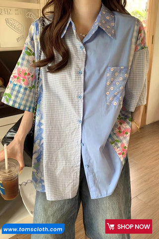 Short Sleeve Two Pattern Combination Blouse Shirts
