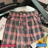 Elastic Waist Retro Pink Grey Plaid Pants