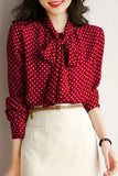 Long Sleeve Bow Collar Dot Pattern Blouse Shirt