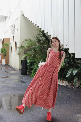 Sleeveless Red Plaid Elegant Long Dress