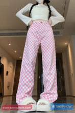 Retro Pink Plaid Casual Long Pants
