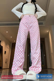 Retro Pink Plaid Casual Long Pants