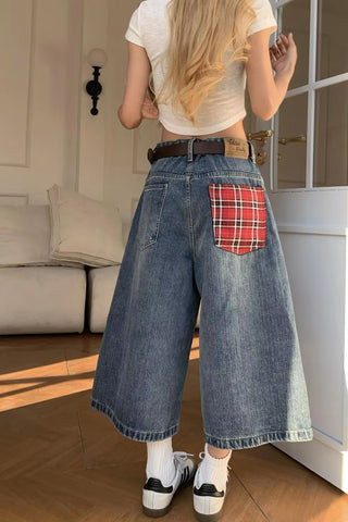 Loose Wide Leg Plaid Pocket Pattern Jeans Shorts