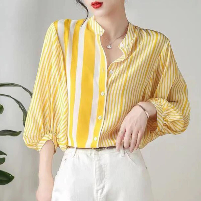 Long Sleeve Yellow Striped Elegant Office Blouse Shirt