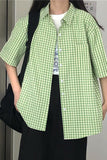Short Sleeve Green Plaid Colors Blouse Shirt