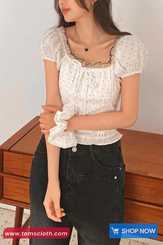 Square Collar Lace Knot Dots Pattern Shirts