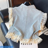 Loose Double Pockets Lace Patchwork Vest Tops