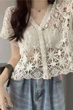 Short Sleeve V-Neck Knitted Embroidered Crochet Shirt