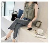 V-Neck Sleeveless Striped Office Shirt
