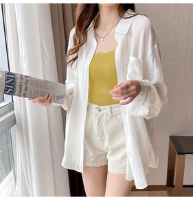 Long Sleeve Simple Semi Transparent Office Blouse Shirt