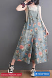 Loose Vintage Flowers Pattern Denim Jumpsuit