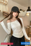 Long Sleeve Sexy Skew Collar Lace Patchwork Shirt
