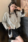 Long Sleeve Turn Down Collar Retro Striped Blouse Shirt