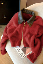 Long Sleeve Zipper Leather Collar Knitted Sweater