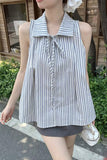 Elegant Sleeveless Lace Up Striped Blouse Shirts
