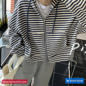 Long Sleeve Striped Hooded Zipper Cardigan