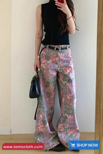 High Waist Full Flowers Patten Pink Denim Pants