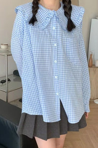 Long Sleeve Plaid Pattern Peter Pan Collar Blouse Shirt