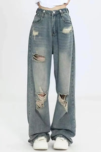 High Waist Hole Ripped Long Jeans Pants