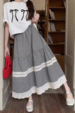 High Waist Vintage Plaid Lace Patchwork Long Skirts