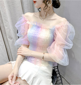 Puff Sleeve Square Collar Mesh Gradient Shirts