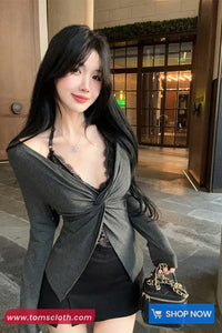 Long Sleeve Sexy V-Neck Off Shoulder Lace Patchwork Crop Tops
