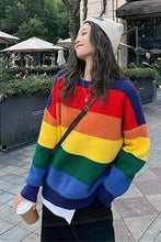 Long Sleeve Rainbow Striped Color Knitted Sweater