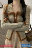 Long Sleeve Retro Lapel Collar Zipper Cardigan Sweater