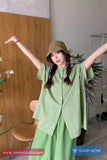 Short Sleeve Retro Green Striped O-Neck Blouse Shirt