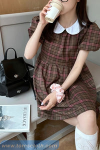 Sweet Doll Collar Puff Sleeve Plaid Dress