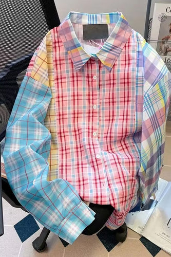 Long Sleeve Plaid Pastel Colors Blouse Shirt